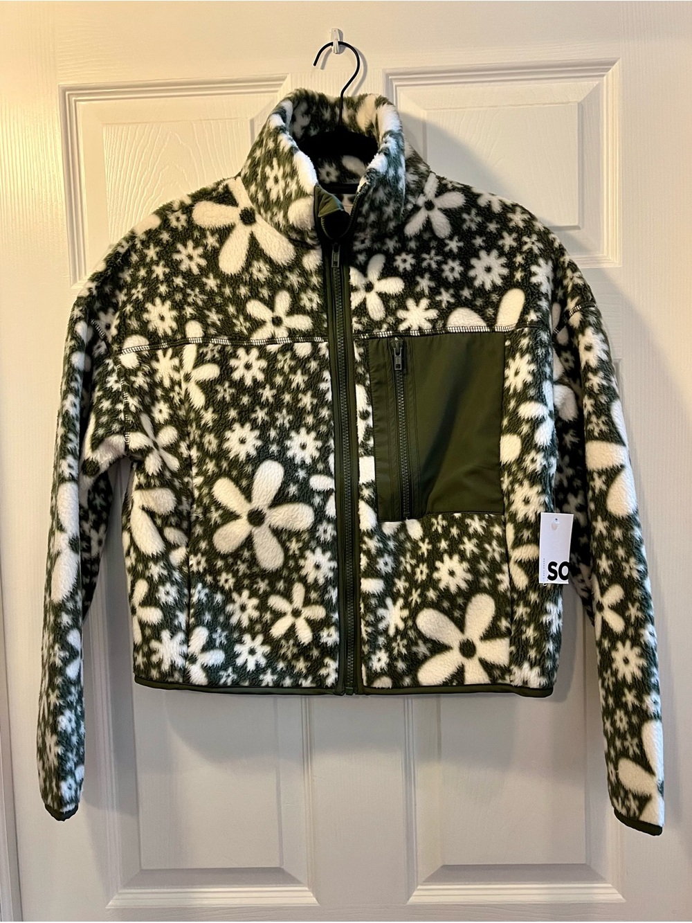 SO Full Zip Teddy Fleece Jacket - Green Floral- Juniors XS - NEW With Tag